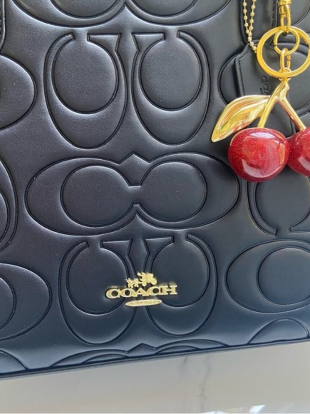 Coach Black Embossed Signature Tote with Cherry Charm - Picture 3 of 5